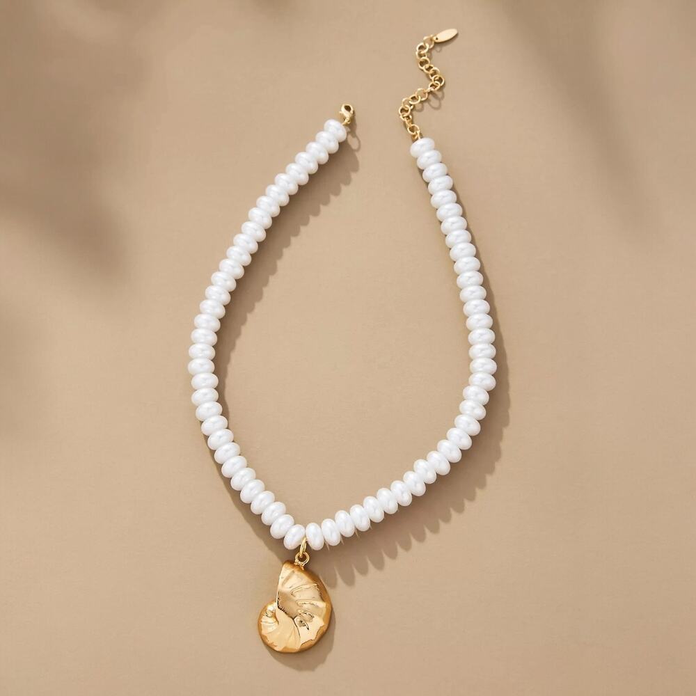 NWT ANTHROPOLOGIE Gold Ammonite Shell Pendant Pearl Necklace Beachy Boho